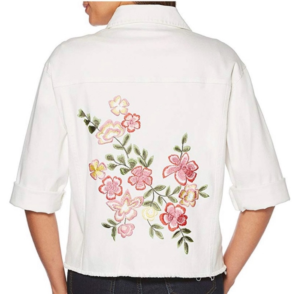 Rafaella White Jean Jacket with Pink & Green Floral Embroidery
